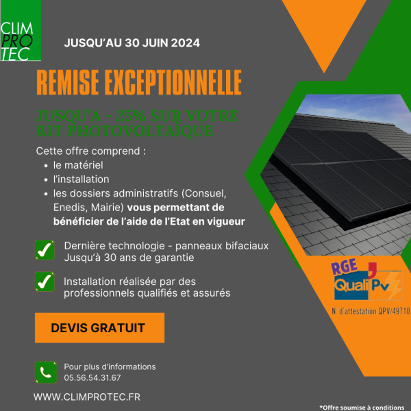 REMISE EXCEPTIONNELLE SUR NOS KITS PANNEAUX PHOTOVOLTAÏQUES BASSIN D'ARCACHON